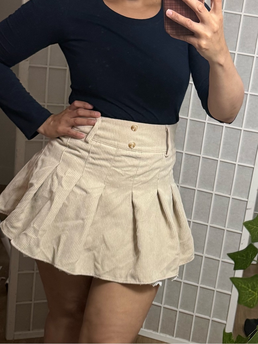 Beige corduroy skirt with lace hem